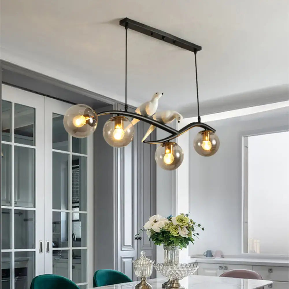 Modern black metal island lamp tree branch chandelier with four frosted glass bulbs and white ceramic dove sculptures