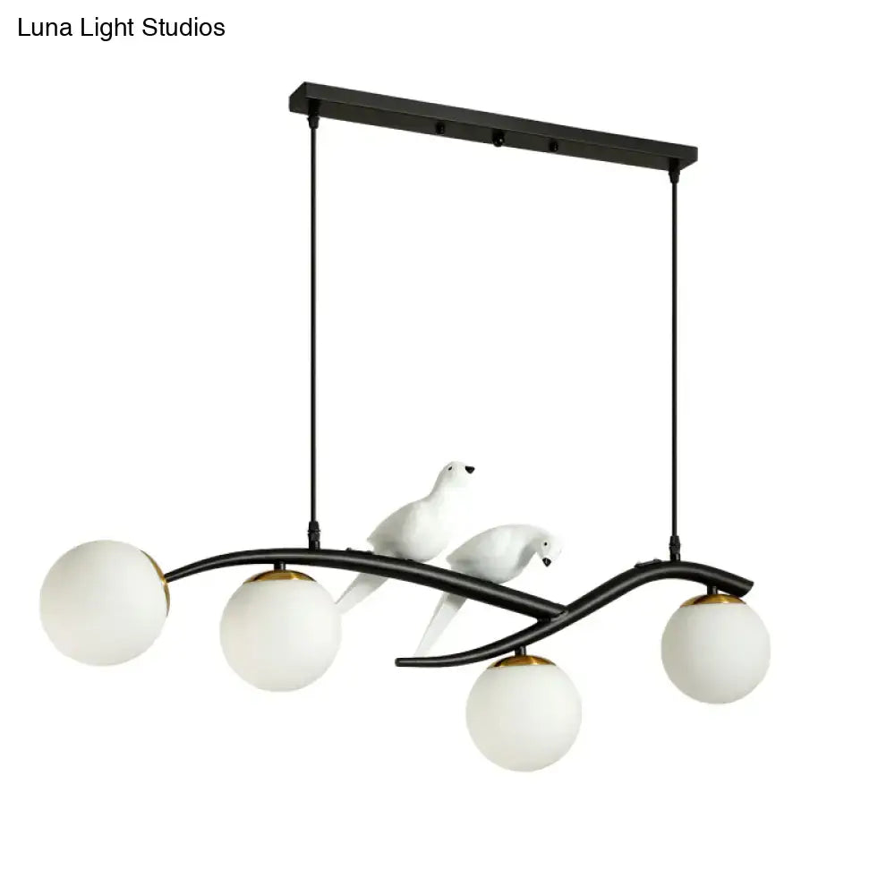 Black metal decorbites™ island lamp tree branch chandelier with white glass shades and sculpted bird figures
