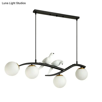 Black metal decorbites™ island lamp tree branch chandelier with white glass shades and sculpted bird figures