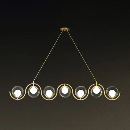 Decorbites™ postmodern hanging lamp with gold-toned metal arms and clear glass shade featuring five spheres