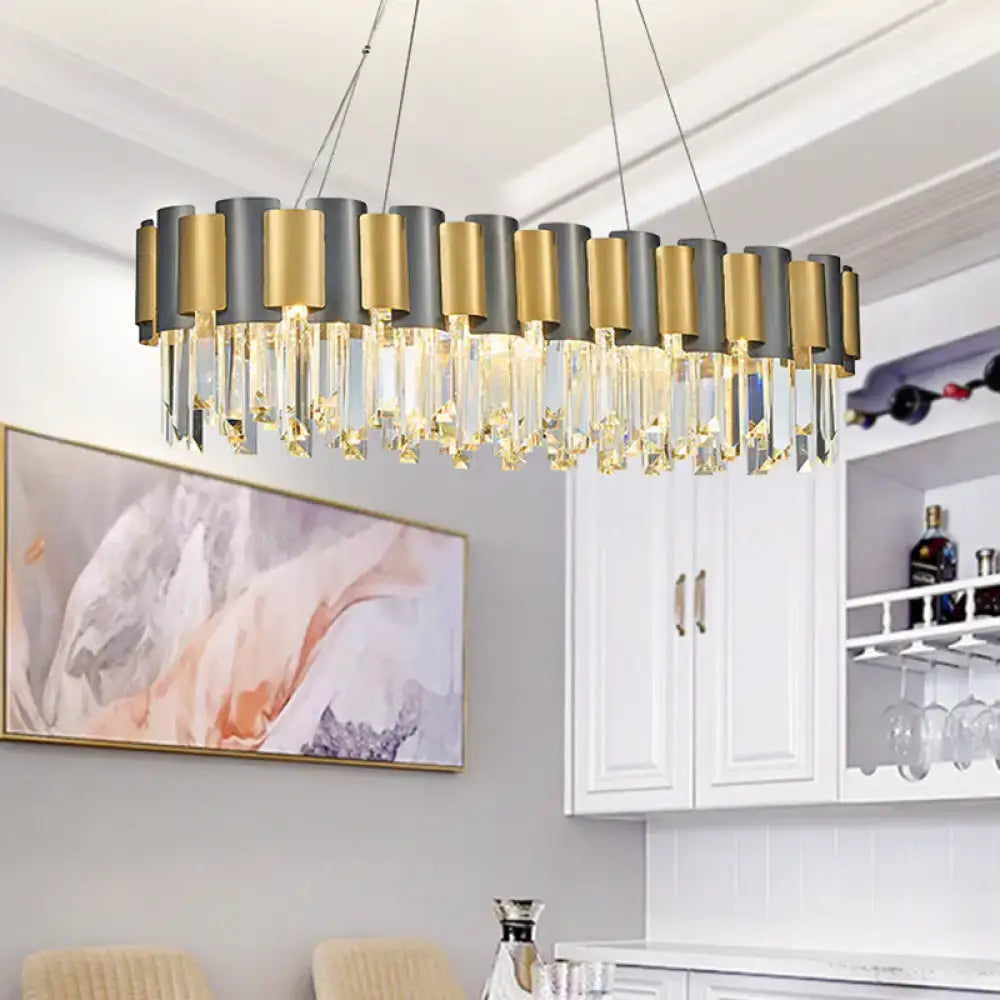Modern two-tone gold and matte gray decorbites postmodern k9 crystal linear island light with e12 e14 bulbs for dining room