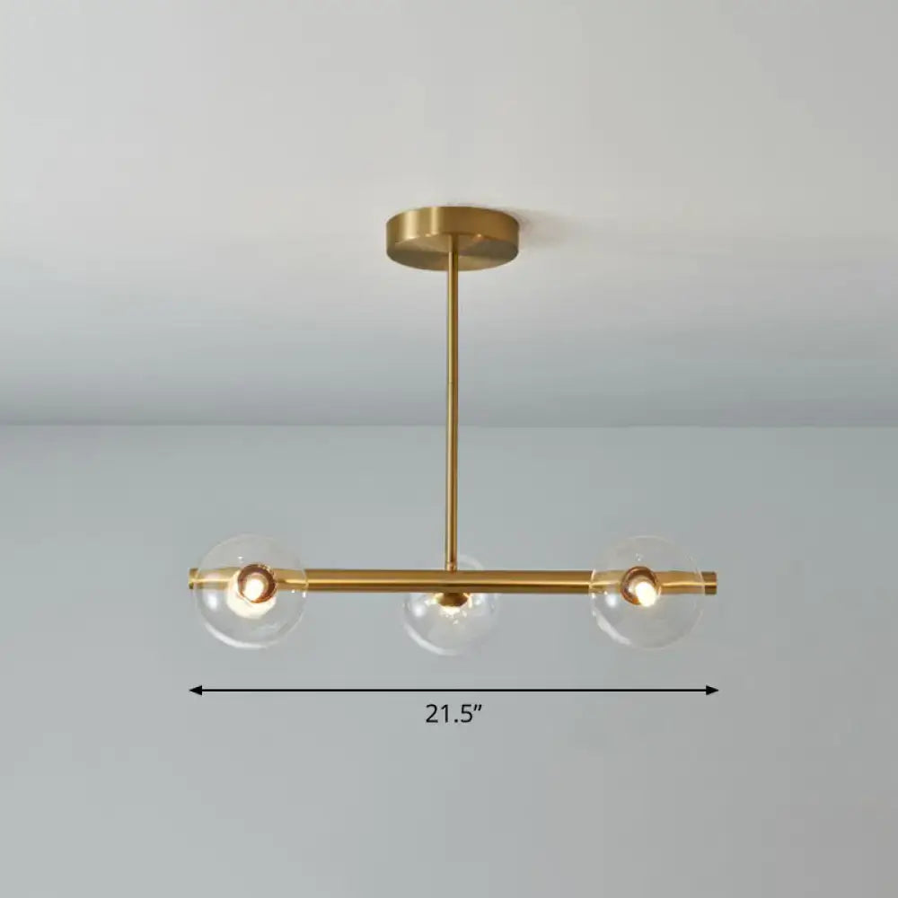 DecorBites™ postmodern linear island lamp pendant light in brass with three clear glass globes for dining room use