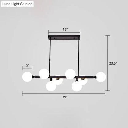 Black metal DecorBites™ dining room chandelier with six frosted opaline glass molecular globe lights
