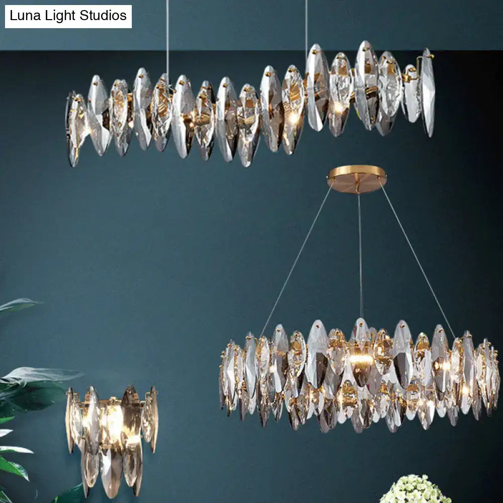 Gold-toned postmodern smoke grey glass leaf suspension lamp with cascading clear crystal slices for 220v-240v use