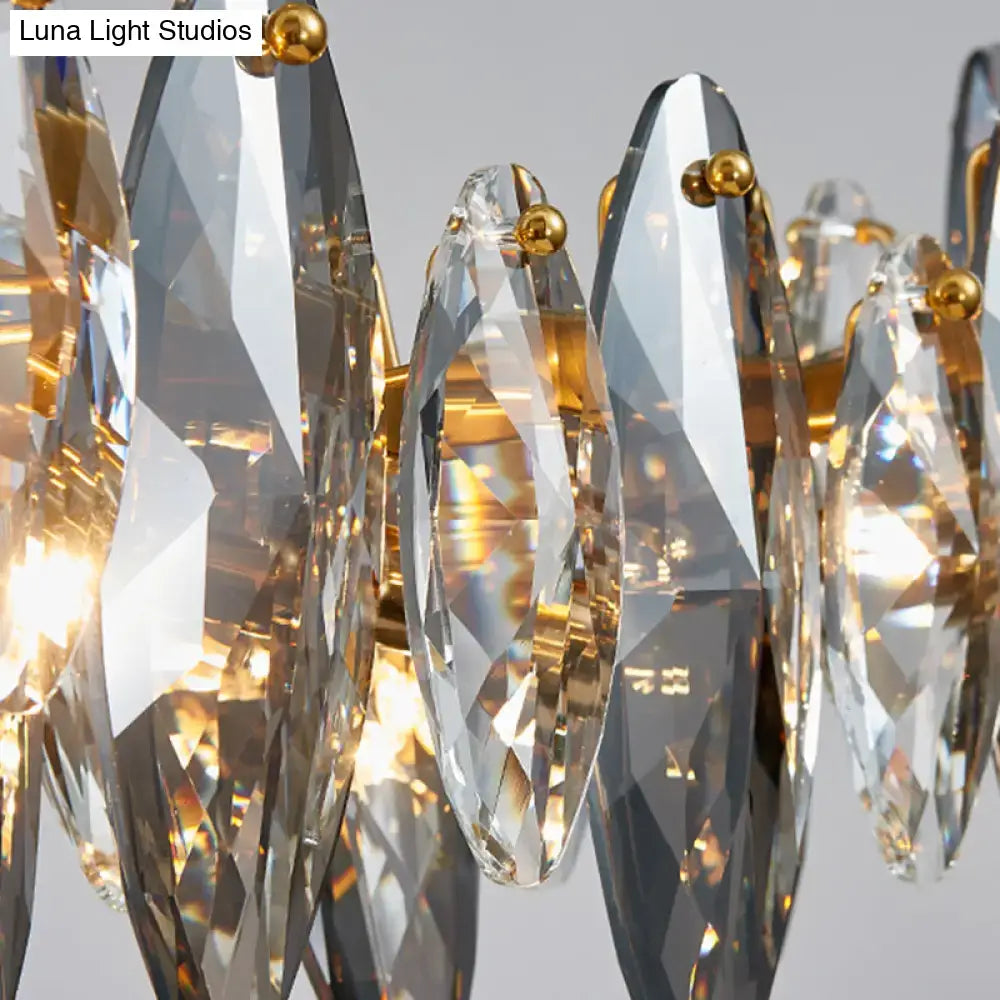 Elegant crystal chandelier with faceted teardrop crystals and gold fixtures for 220v-240v postmodern smoke grey glass décor