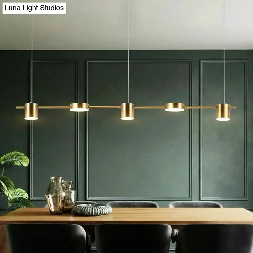 Modern gold-toned straight bar led ceiling light with five cylindrical bulbs for kitchen island by DecorBites™