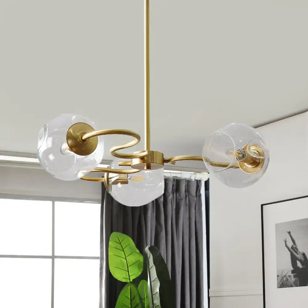Decorbites™ postmodern semi-flush mount chandelier in brass with clear glass globes and e12 e14 curved metal arms