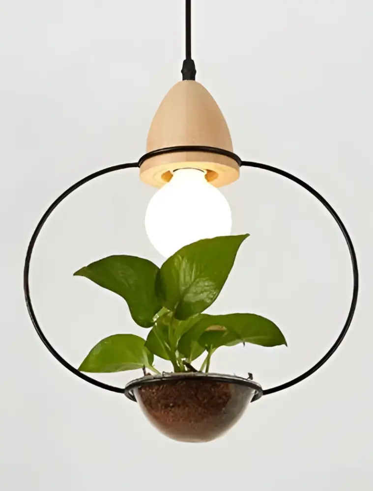 Decorbites™ pot pendant planter light with wooden top, black frame, and brown ceramic pot holding green leaves