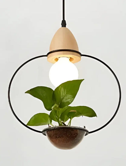 Decorbites™ pot pendant planter light with wooden top, black frame, and brown ceramic pot holding green leaves