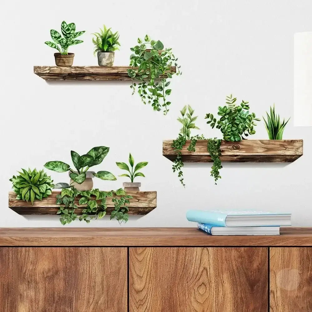 Rustic wooden floating shelves with green potted plants and hanging vines featuring decorbites™ plant decals for home decoration