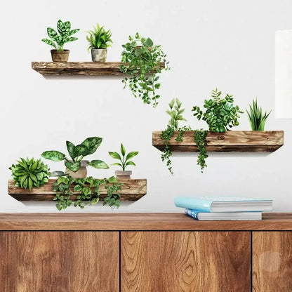 Rustic wooden floating shelves with green potted plants and hanging vines featuring decorbites™ plant decals for home decoration