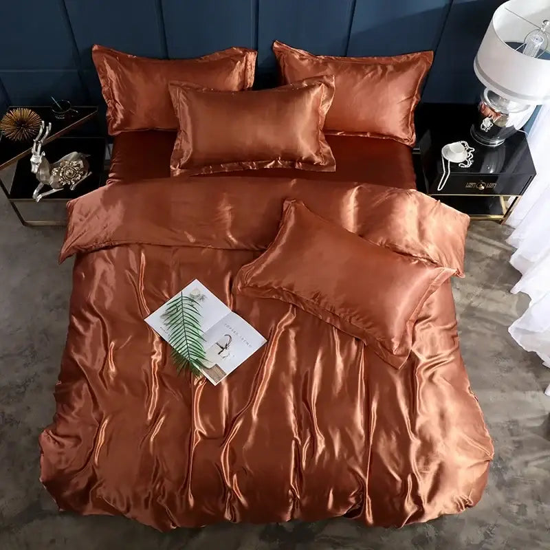 Copper satin four-piece DecorBites premium bedding set with matching duvet cover and pillows for elegant bedroom décor