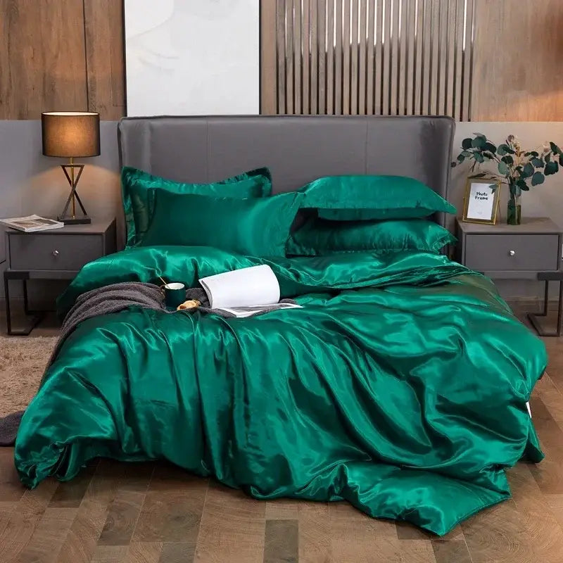Lush emerald green satin bedding set with a glossy finish from DecorBites™ premium collection including bed sheet and duvet cover