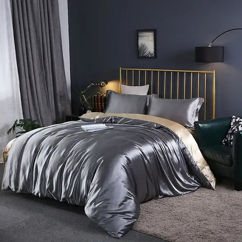 Luxurious metallic gray satin duvet cover with subtle gold inner lining from decorbites premium bedding pcs suitable set