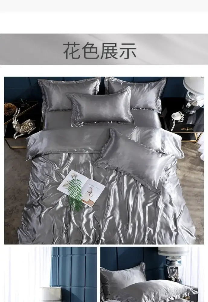 Silver satin bed sheet and duvet cover set with glossy finish and ruffled edges from decorbites™ premium pcs suitable