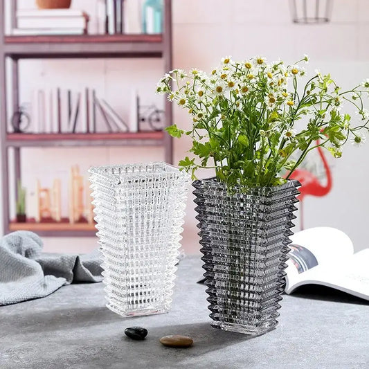 Decorbites premium crystal glass vase set with clear and dark gray geometric ribbed textured glass vases for home décor