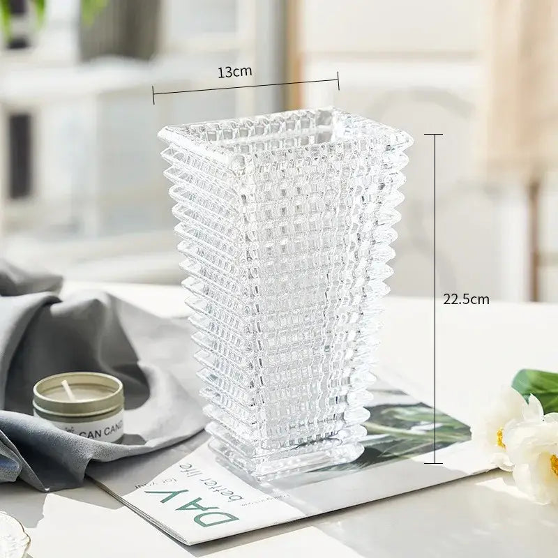Decorbites premium crystal glass vase 13cm wide 22.5cm tall clear faceted design for home décor