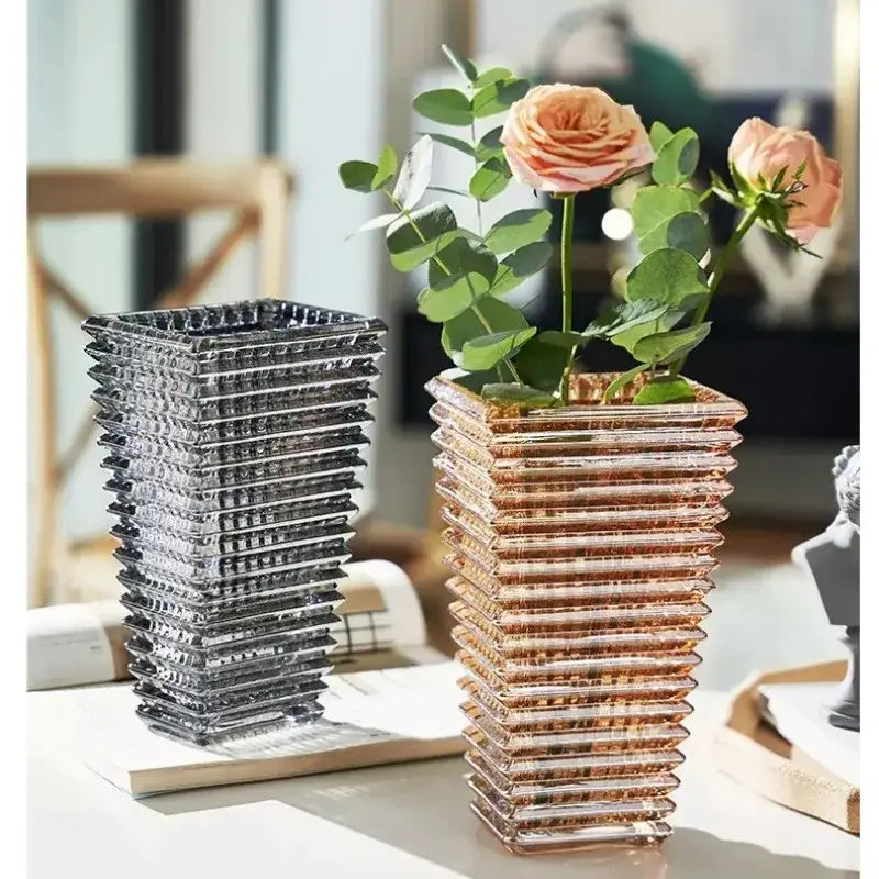 DecorBites™ premium crystal glass vase with a sleek rectangular shape and textured rose gold and silver finishes