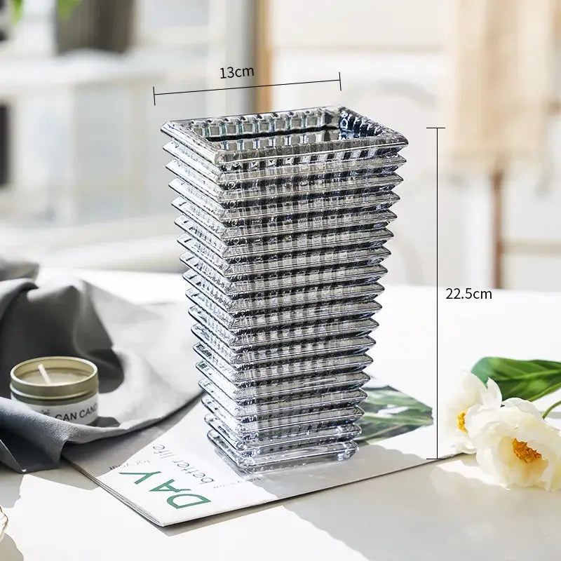 DecorBites premium crystal glass vase with stacked geometric design and silver-toned reflective accents for home décor