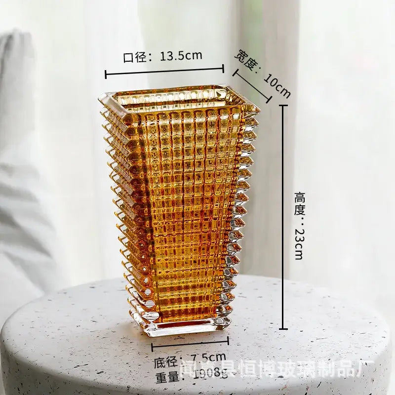 Decorbites premium crystal glass vase amber color textured grid pattern with clear crystal glass accents for home décor