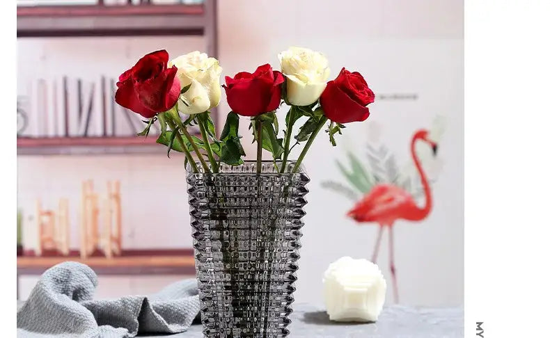 Decorbites™ premium crystal glass vase with faceted geometric pattern holds red and white roses for home décor