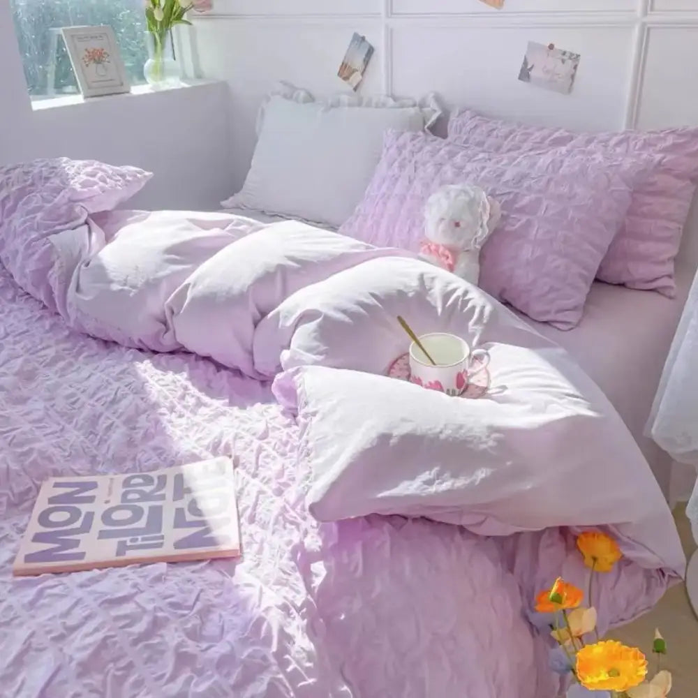 A soft lavender french style wash cotton princess bedding set with ruffles pillowcase 48x74cm and plush teddy bear