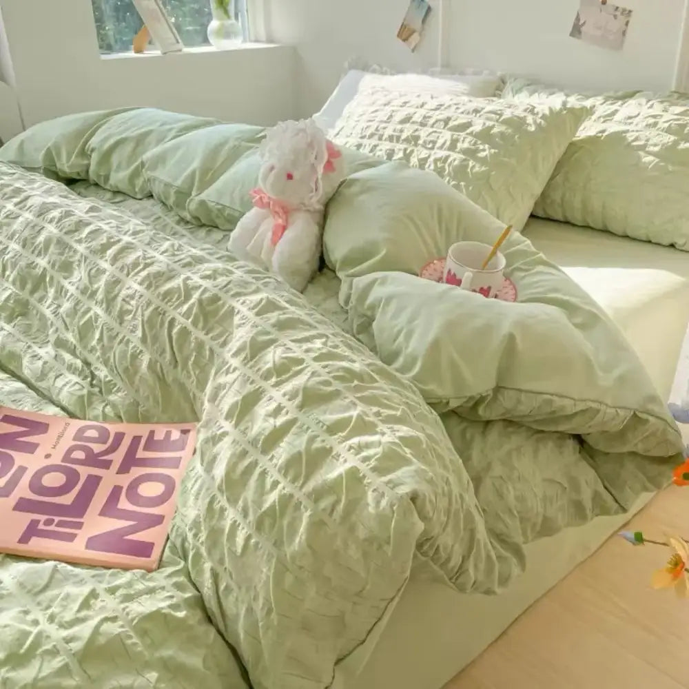 Mint green quilted DecorBites princess bedding set with plush white stuffed animal pink accents cotton pillowcase 48x74cm