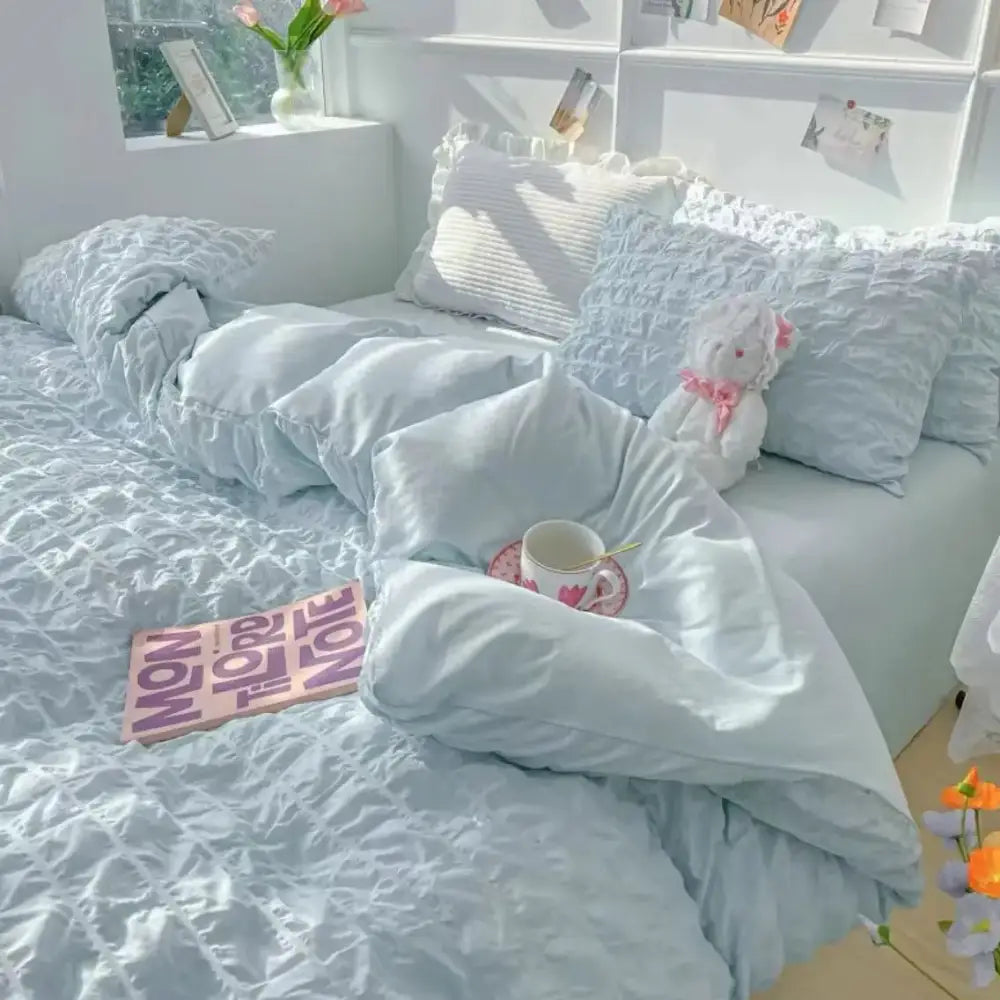 Light blue ruched cotton bedding set with pillowcase 48x74cm and plush white teddy bear pink accessories princess set