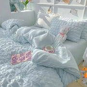 Light blue ruched cotton bedding set with pillowcase 48x74cm and plush white teddy bear pink accessories princess set