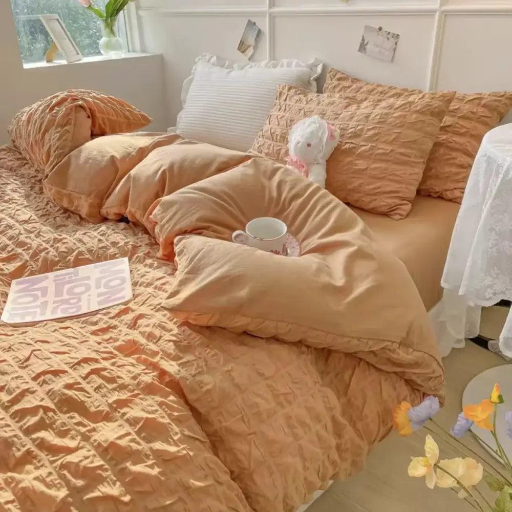 Decorbites princess bedding set with warm peachy-orange quilted duvet and ruffled edges in soft wash cotton pillowcase 48x74cm