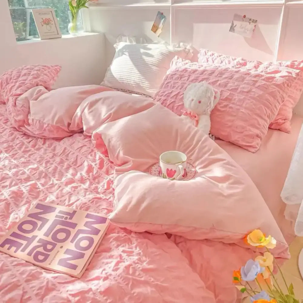 Pink ruffled DecorBites princess bedding set with plush white teddy bear, solid color summer soft wash cotton pillowcase 48x74cm