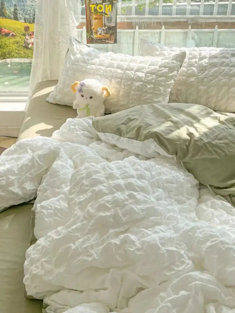 White quilted duvet cover with soft textured surface and subtle ruching in decorbites™ princess bedding set cotton