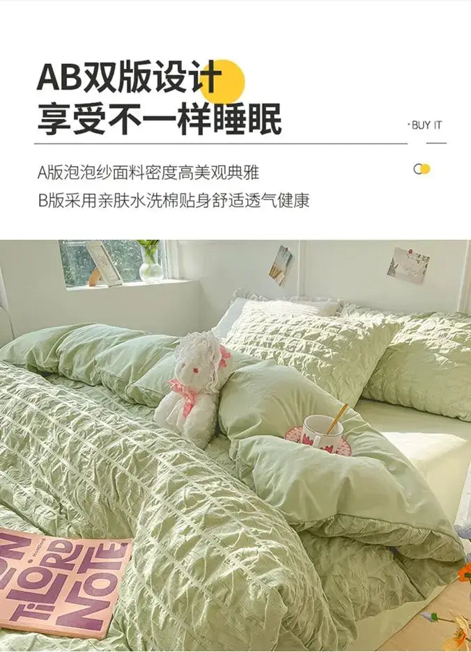 Mint green quilted DecorBites princess bedding set with cotton pillowcase 48x74cm and plush white toy resting on it