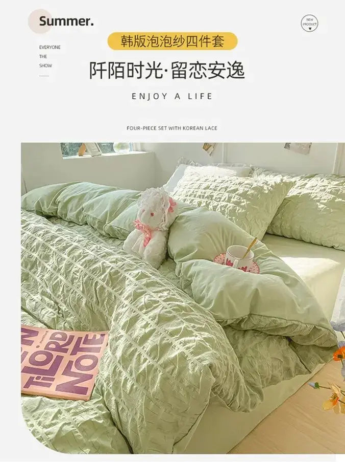 Mint green quilted lace four-piece princess bedding set pillowcase 48x74cm made of French style wash cotton for summer use