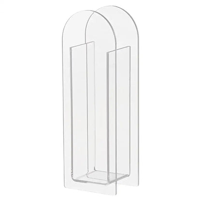 Clear acrylic double-sided display stand with arched top and rectangular base for nordic style rainbow color flower vase