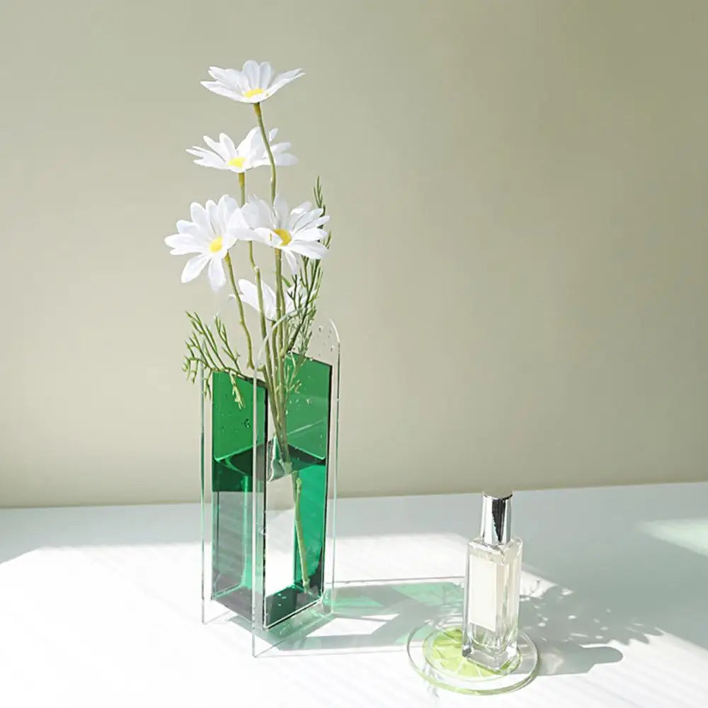 Decorbites™ rainbow color acrylic flower vase in nordic style with translucent green geometric design holding white daisies