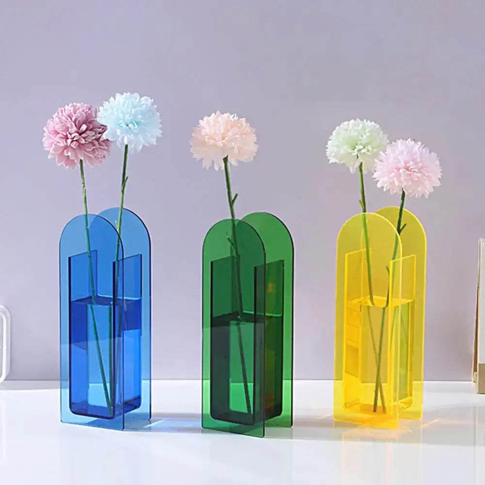 DecorBites™ rainbow color acrylic flower vase set with modern arched design in vibrant blue green and yellow nordic style