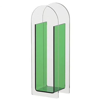 Transparent acrylic flower vase decorbites™ with two vertical green panels and arched top in nordic style rainbow color