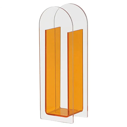 Transparent acrylic flower vase with two vertical orange panels and arched top in nordic style rainbow color design