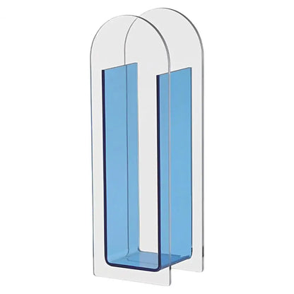 Transparent acrylic flower vase with two arched blue tinted sections in nordic style by DecorBites rainbow color design