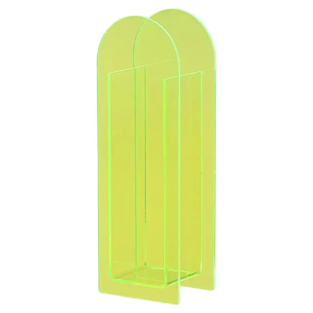DecorBites™ nordic style vibrant neon green acrylic magazine rack with two arched compartments and rainbow color accents