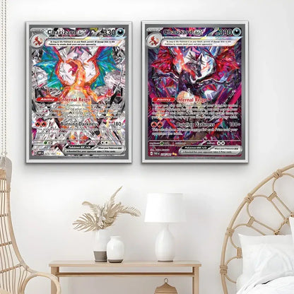 Two framed charizard cartoon card posters with vibrant metallic foil artwork for japanese anime decoration art