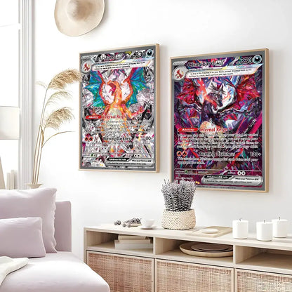 Two framed DecorBites™ rare japanese anime Charizard cartoon card posters with vibrant holographic metallic artwork and text panels