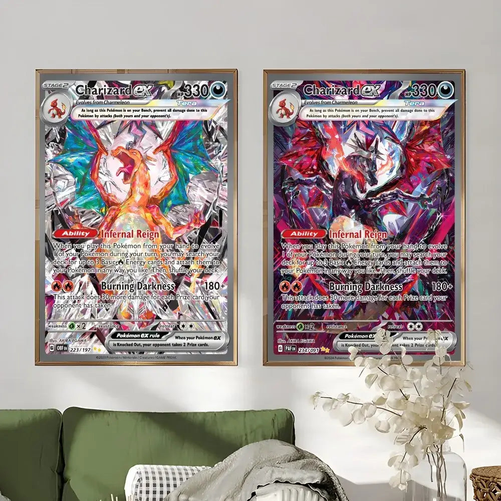 Two framed decorbites™ rare japanese anime charizard cartoon card posters with vibrant metallic orange blue purple and red finishes