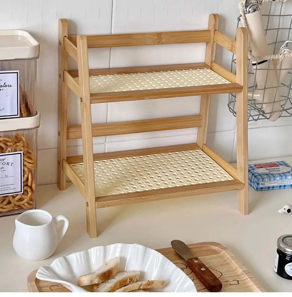 DecorBites™ rattan light brown bamboo three-tier desktop organizer shelf with woven rattan-style shelves