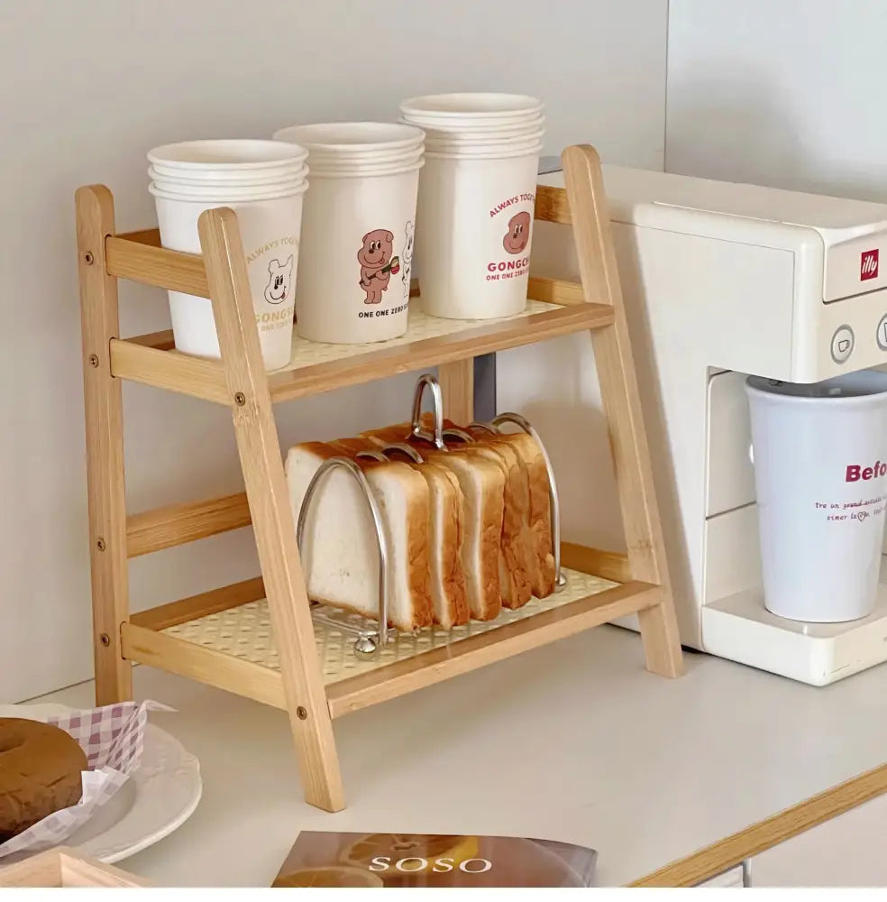 DecorBites™ rattan light wood two-tier desktop organizer shelf with slanted sides and metal wire bread basket lower shelf