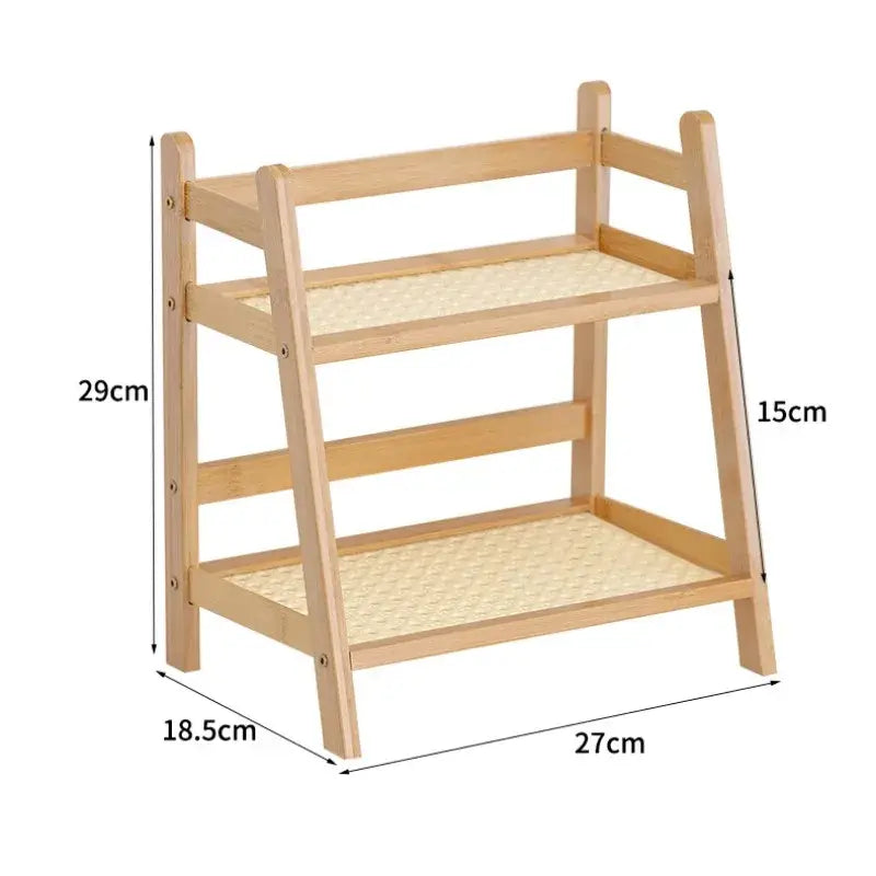 Decorbites™ rattan 2-tier desktop organizer shelf in light wood with woven rattan shelves for desktop organization