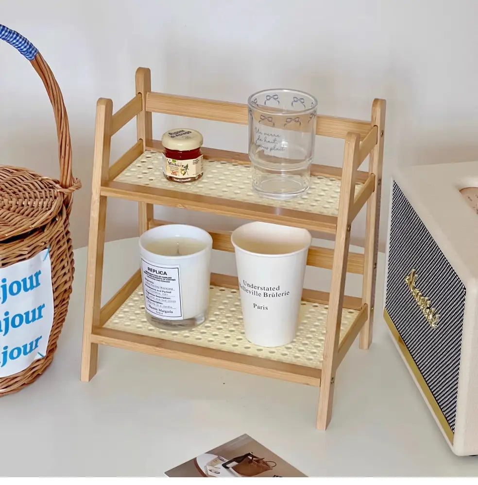 Lightweight wooden decorbites™ rattan 2-tier desktop organizer shelf with woven rattan mesh panels and slatted sides