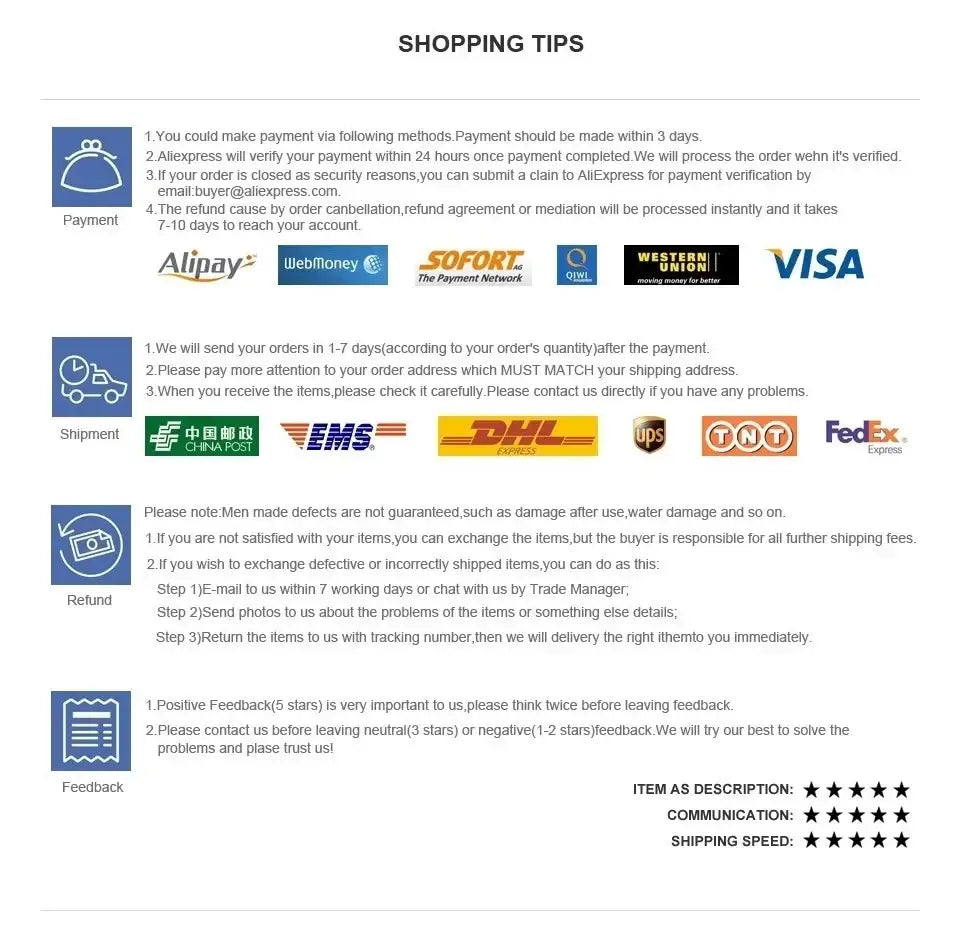 Shopping tips page showing payment, shipping, refund, and feedback info with logos for alipay, visa, dhl, and fedex for decorbites™ rattan 2-tier desktop organizer shelf