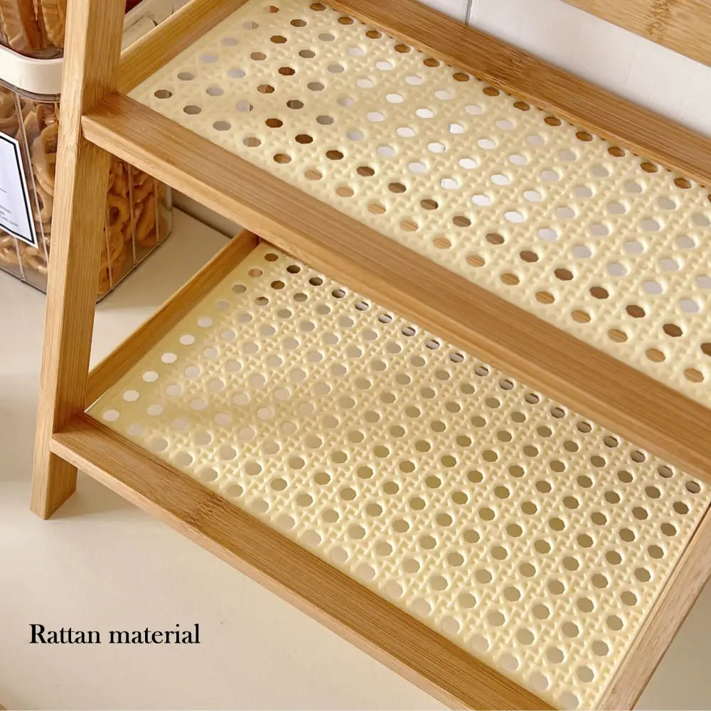 Decorbites™ rattan 2-tier desktop organizer shelf in cream bamboo with woven circular hole panels for desk storage